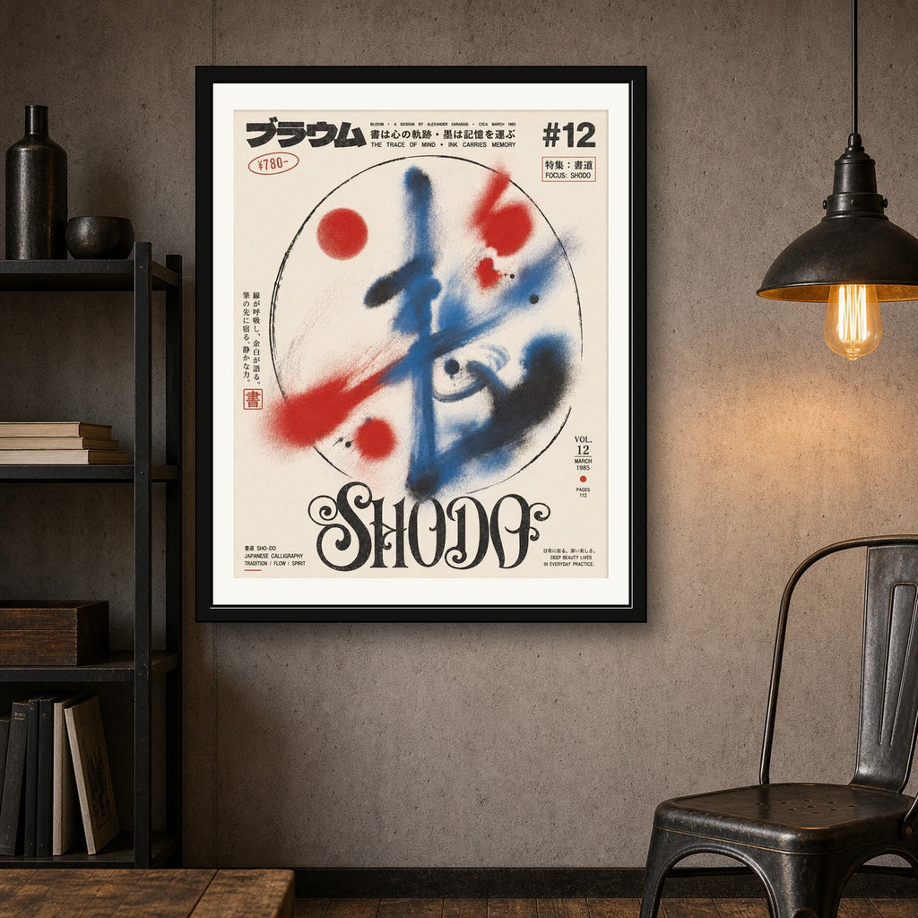 Abstract Calligraphy Poster, Japanese Shodo Wall Art, Minimalist Red & Blue Ink Print - corrected 4x5 room mockup