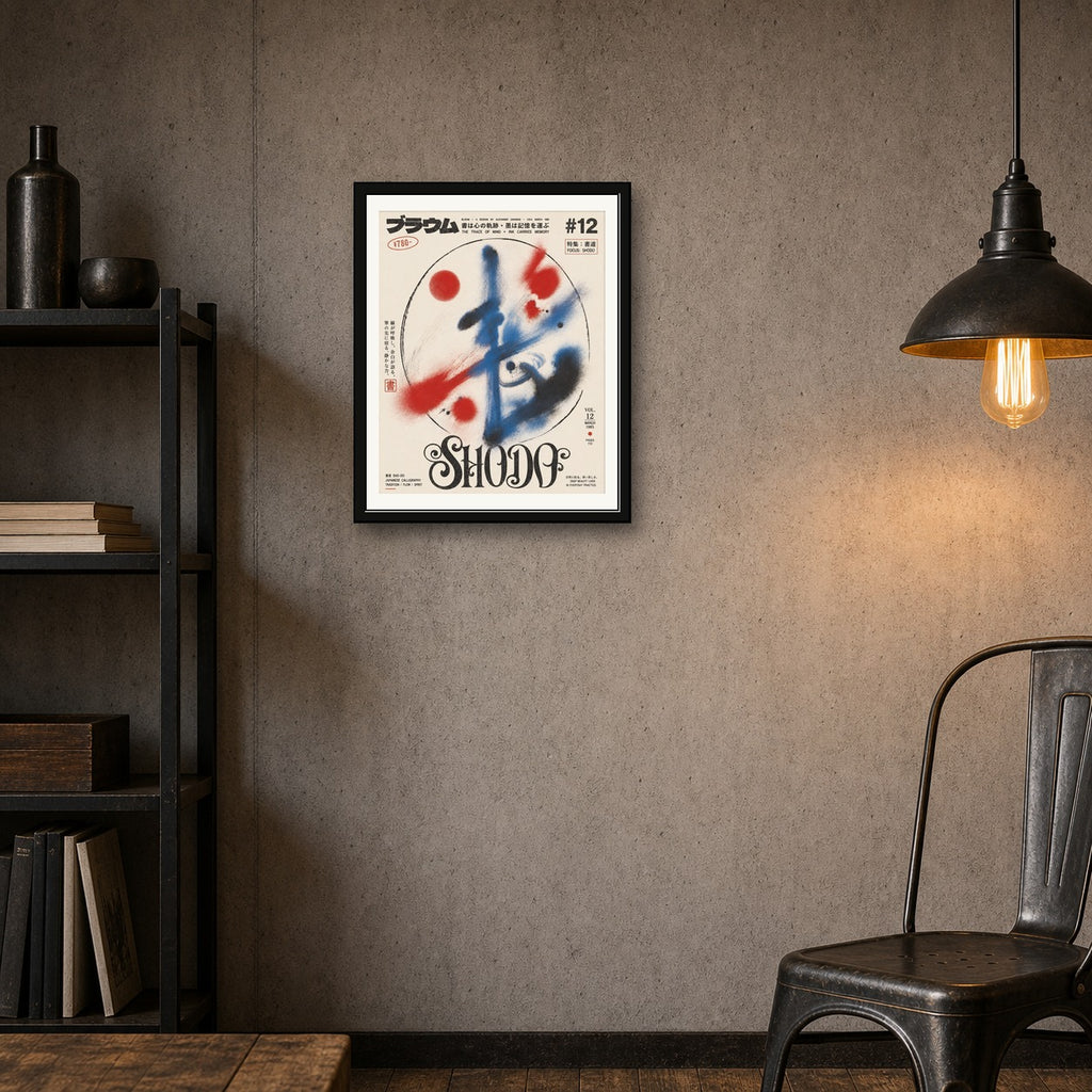 Abstract Calligraphy Poster, Japanese Shodo Wall Art, Minimalist Red & Blue Ink Print - corrected 4x5 room mockup