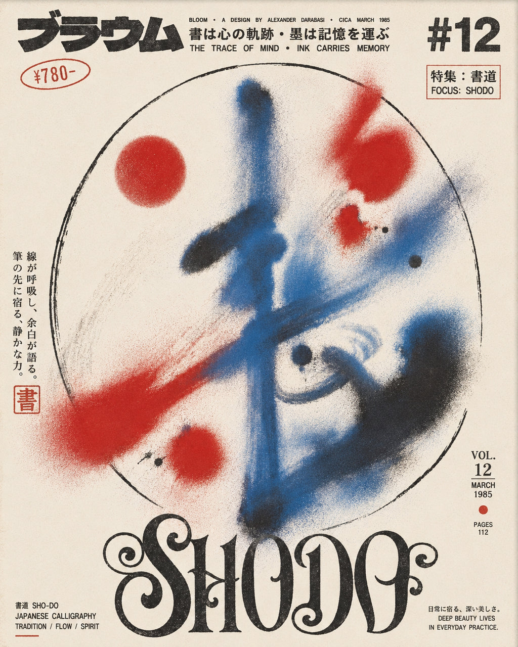 Abstract Calligraphy Poster, Japanese Shodo Wall Art, Minimalist Red & Blue Ink Print - corrected 4x5 flat artwork