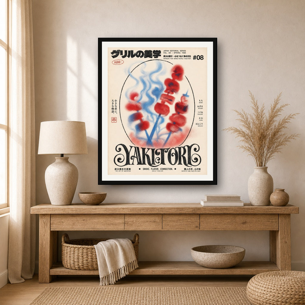 Abstract Yakitori Poster, Vibrant Japanese Food Art, Mid-Century Modern Kitchen Decor Print - 4x5 room mockup