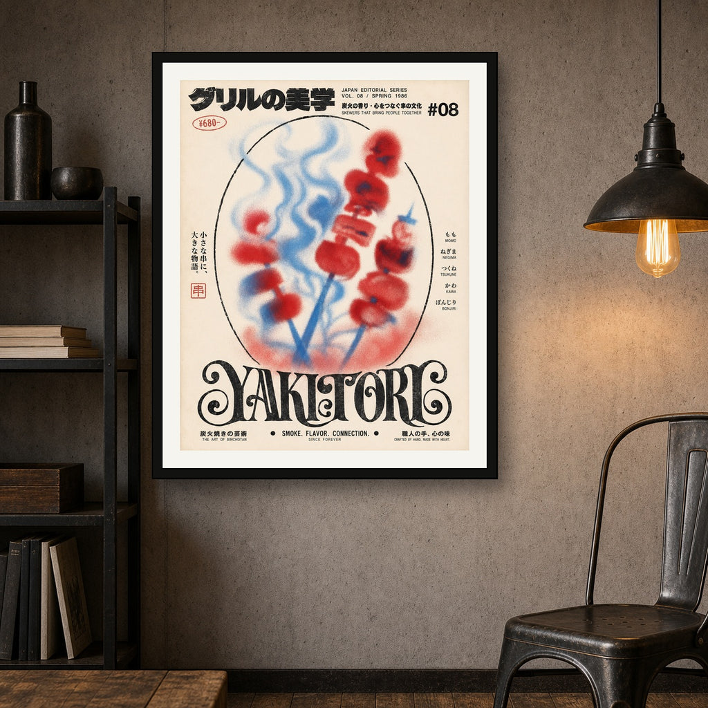 Abstract Yakitori Poster, Vibrant Japanese Food Art, Mid-Century Modern Kitchen Decor Print - 4x5 room mockup