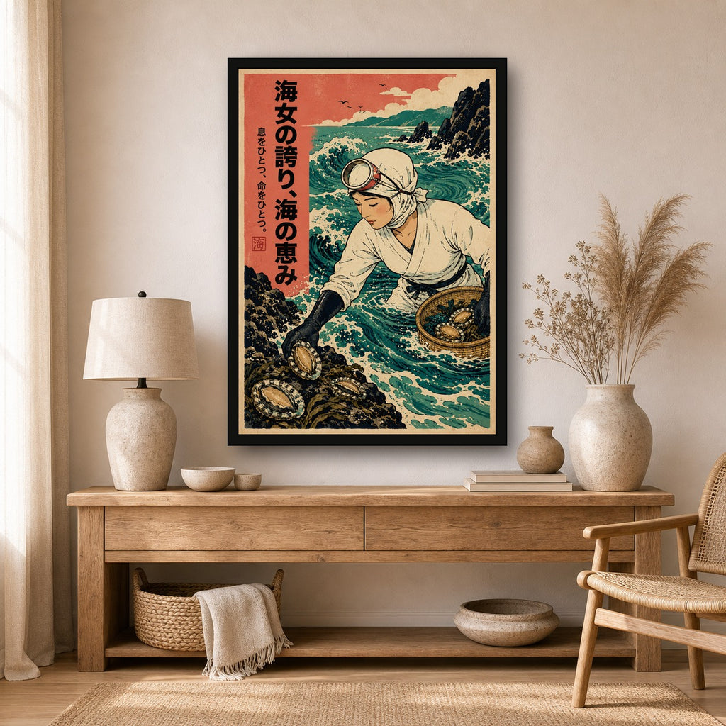 Ama Diver Abalone Poster, Japanese Landscape Wall Art, Travel Print - A room mockup