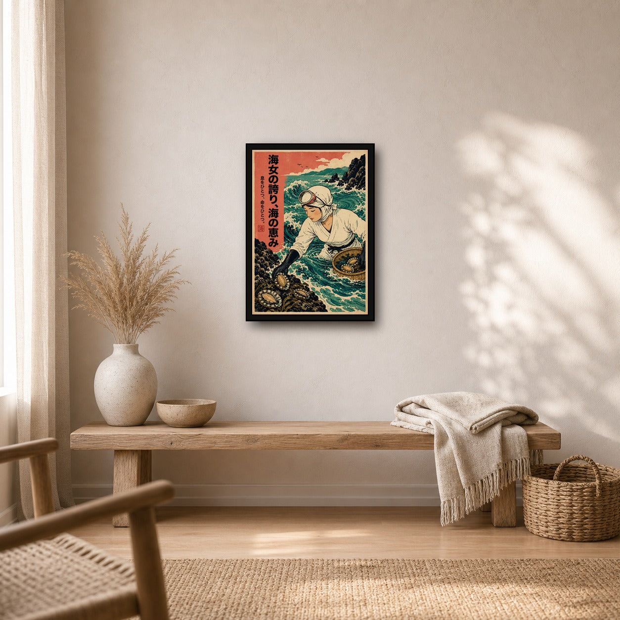 Ama Diver Abalone Poster, Japanese Landscape Wall Art, Travel Print - A room mockup