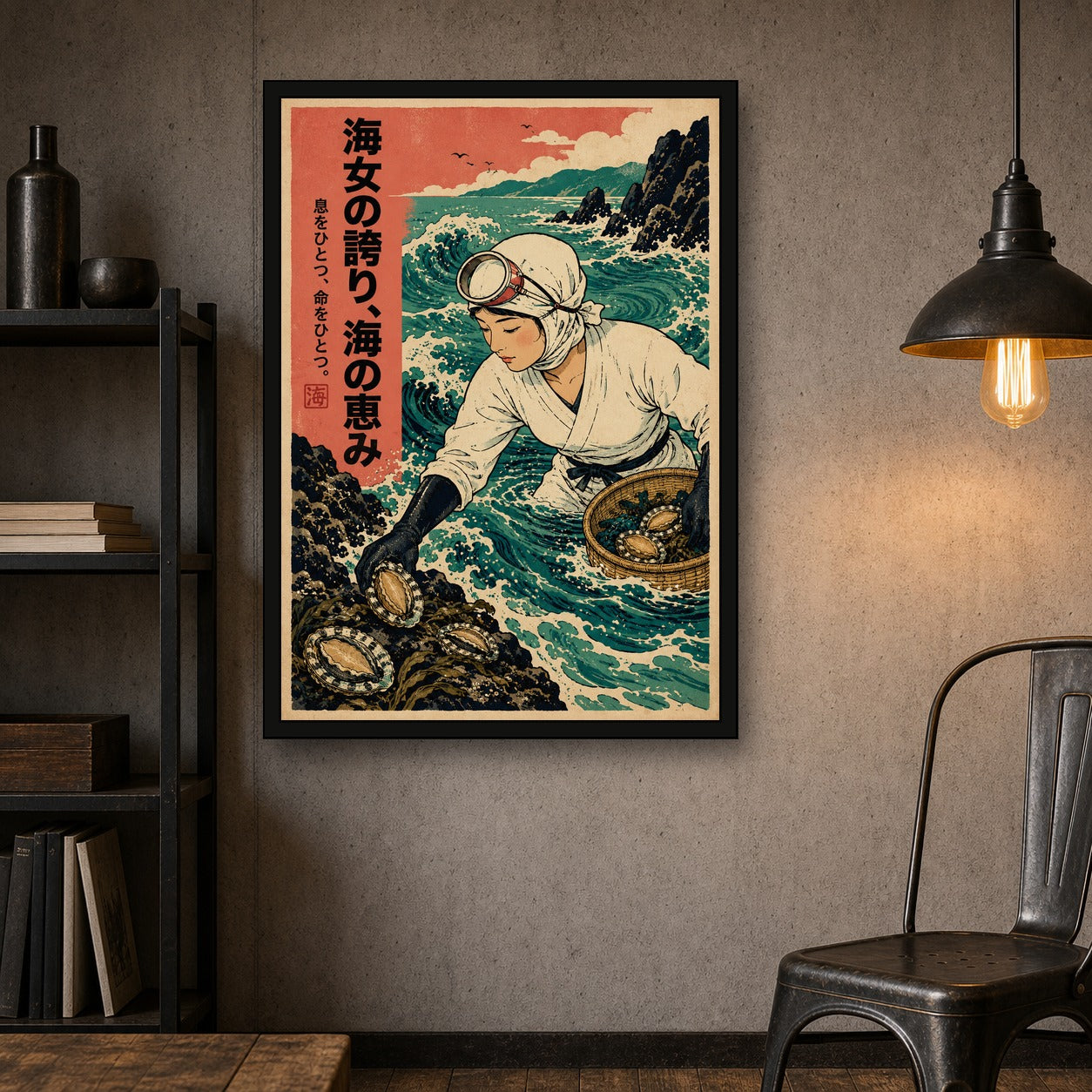 Ama Diver Abalone Poster, Japanese Landscape Wall Art, Travel Print - A room mockup