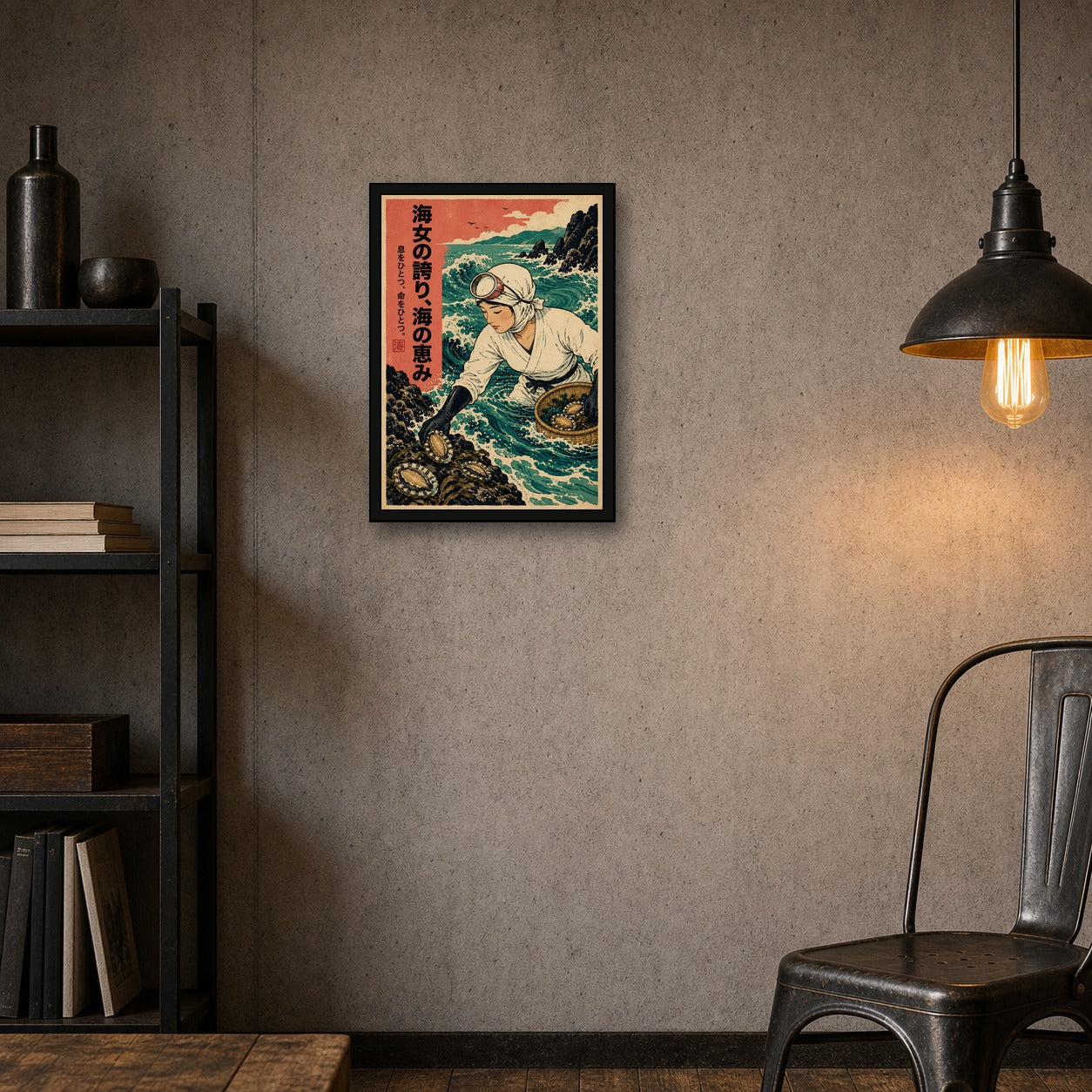 Ama Diver Abalone Poster, Japanese Landscape Wall Art, Travel Print - A room mockup