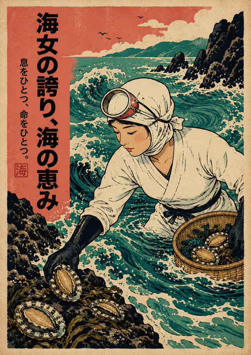 Ama Diver Abalone Poster, Japanese Landscape Wall Art, Travel Print
