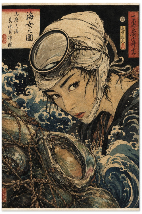 Ama Diver Pearl Fisherwoman Ukiyo-e Poster, Vintage Japanese Wall Art, Calm Ocean Serenity Print in Multiple Sizes