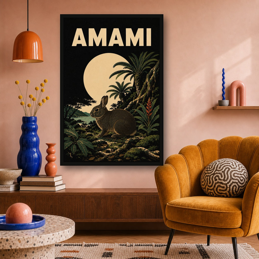 Amami Moon Rabbit Japanese Retro Poster - 2x3 room mockup