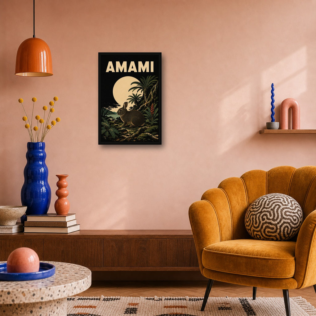 Amami Moon Rabbit Japanese Retro Poster - 2x3 room mockup