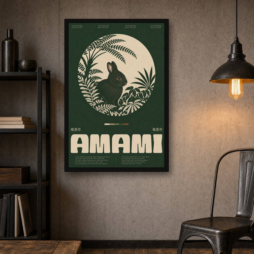 Amami Night Study Poster: Enchanting Black Rabbit & Ferns, Japan Wall Art in Various Sizes - 2x3 room mockup