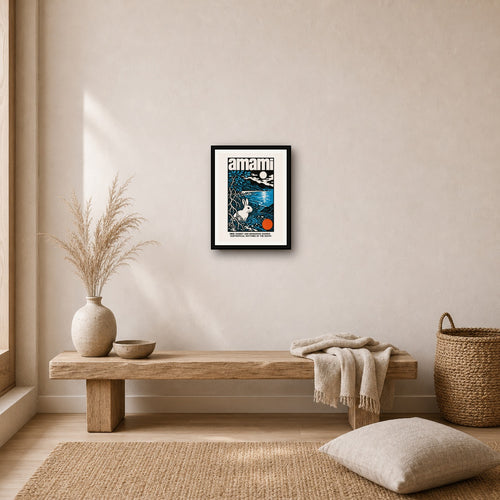 Amami Rabbit & Mangrove Poster: Japan-Inspired Subtropical Art Print in Vibrant Blues & Orange - 3x4 room mockup