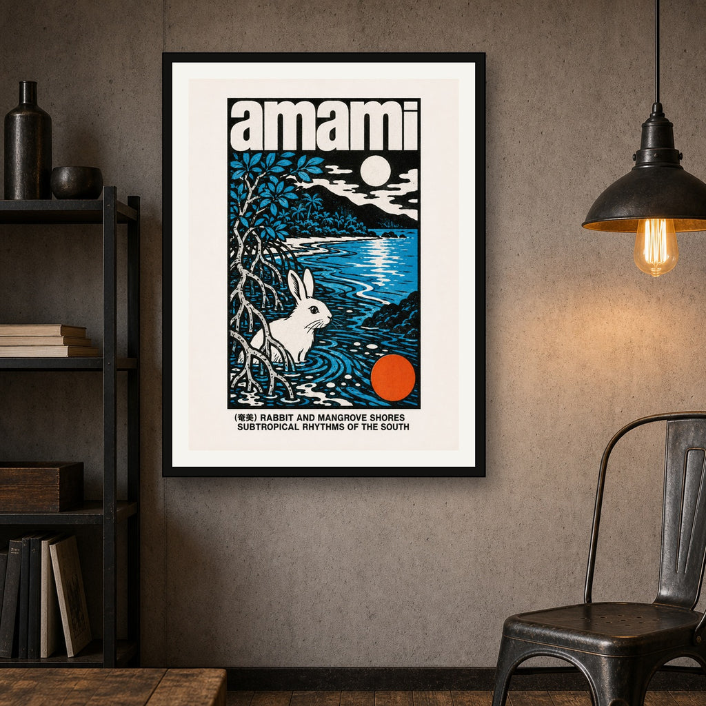 Amami Rabbit & Mangrove Poster: Japan-Inspired Subtropical Art Print in Vibrant Blues & Orange - 3x4 room mockup