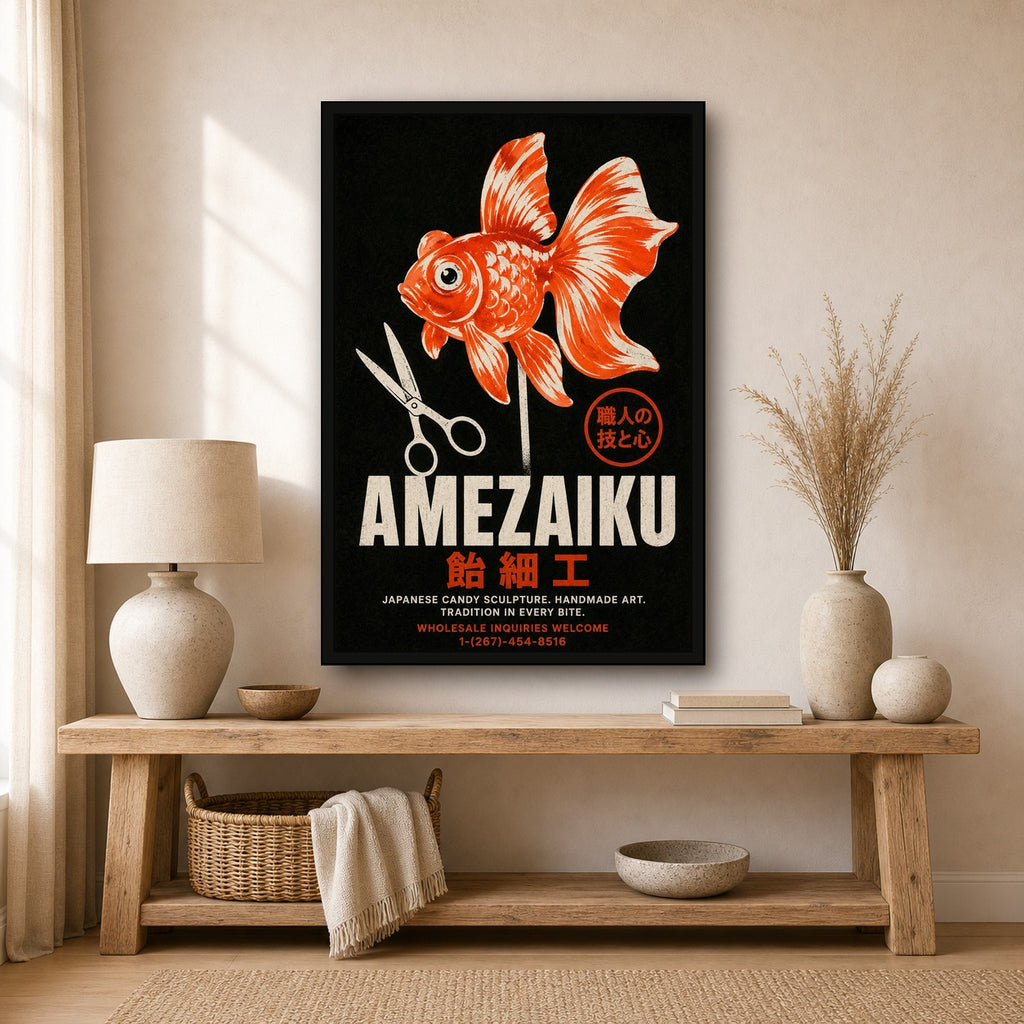 Amezaiku Japanese Candy Art Poster, Retro Goldfish Wall Art, Traditional Japan Decor - 2x3 room mockup