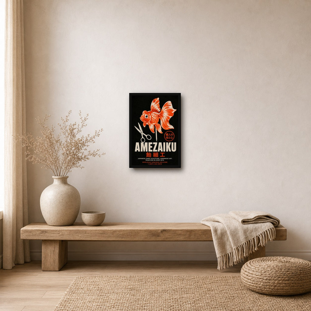 Amezaiku Japanese Candy Art Poster, Retro Goldfish Wall Art, Traditional Japan Decor - 2x3 room mockup