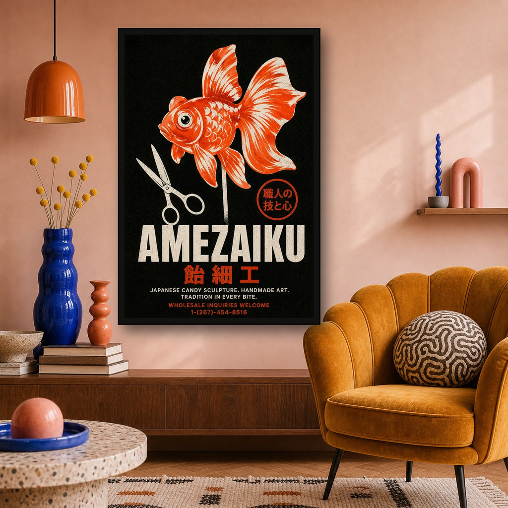 Amezaiku Japanese Candy Art Poster, Retro Goldfish Wall Art, Traditional Japan Decor - 2x3 room mockup