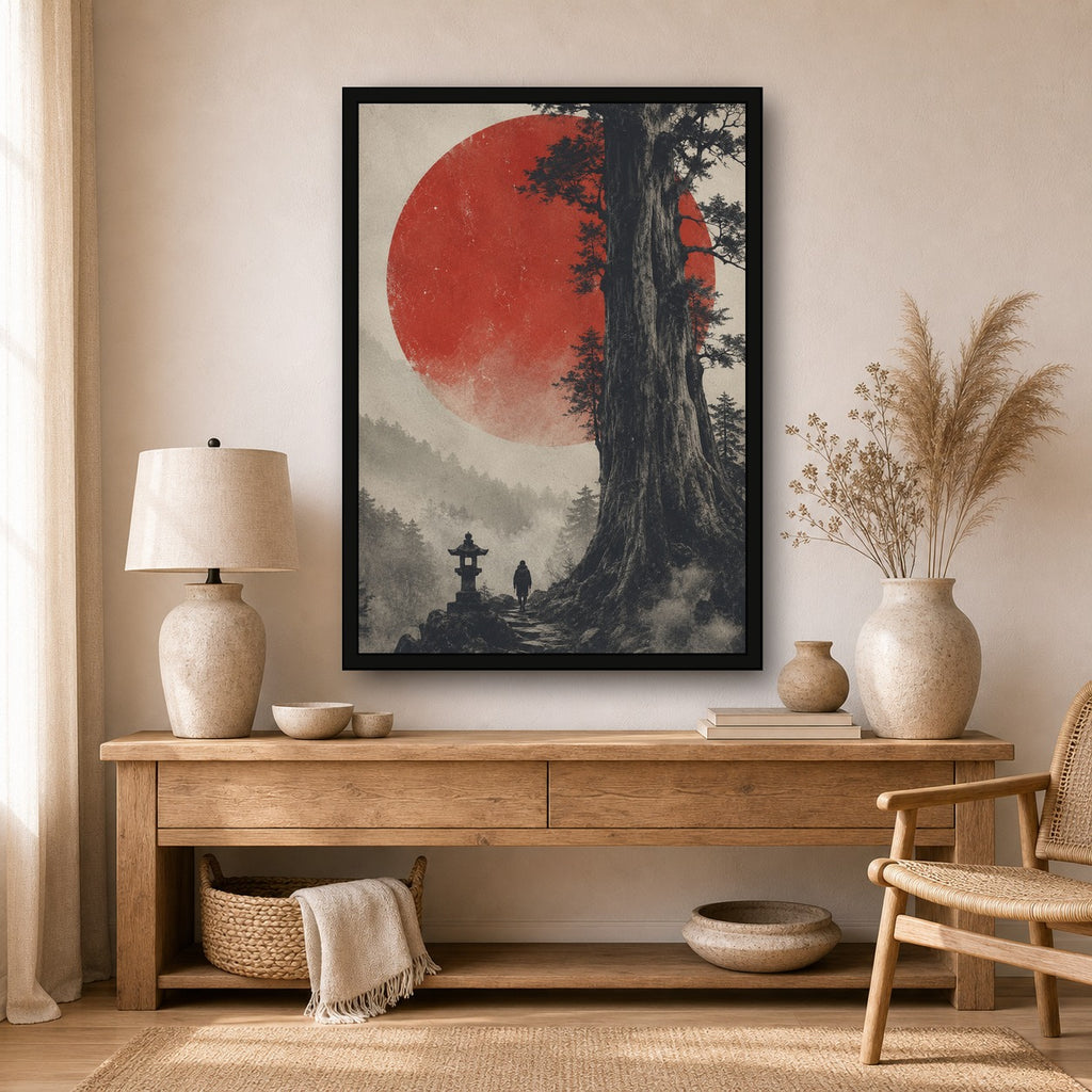 Ancient Cedar Red Sun Poster, Japanese Landscape Wall Art, Travel Print - A room mockup
