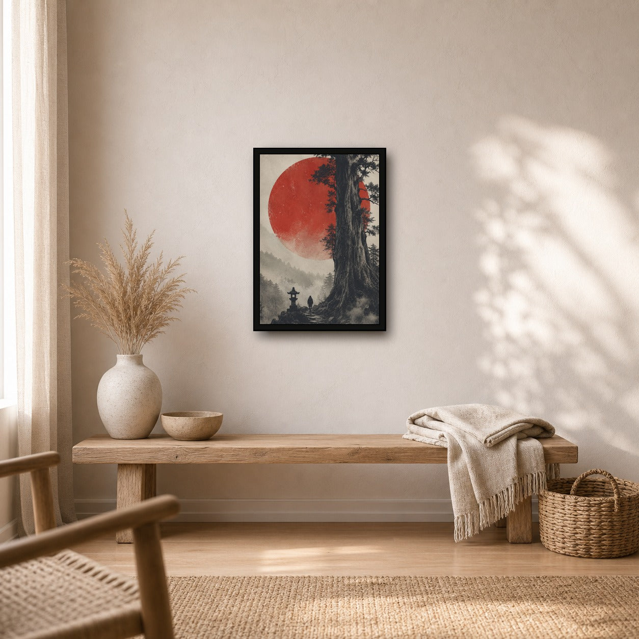 Ancient Cedar Red Sun Poster, Japanese Landscape Wall Art, Travel Print - A room mockup