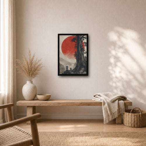 Ancient Cedar Red Sun Poster, Japanese Landscape Wall Art, Travel Print - A room mockup