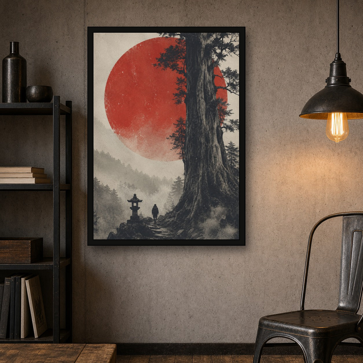 Ancient Cedar Red Sun Poster, Japanese Landscape Wall Art, Travel Print - A room mockup