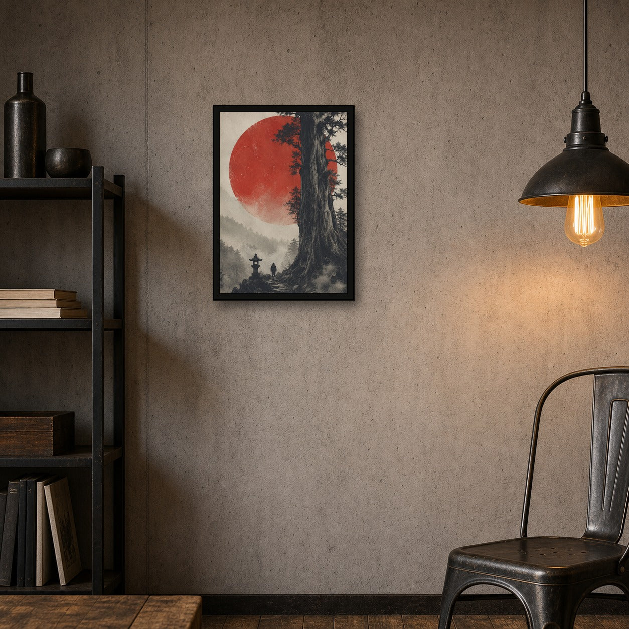 Ancient Cedar Red Sun Poster, Japanese Landscape Wall Art, Travel Print - A room mockup