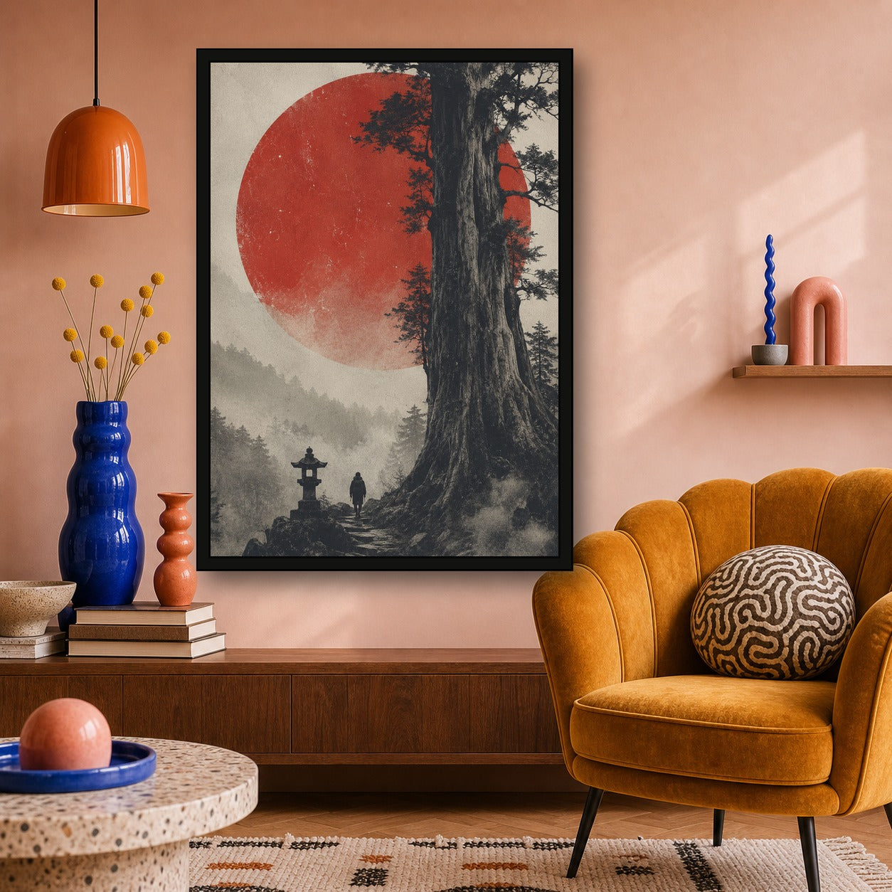 Ancient Cedar Red Sun Poster, Japanese Landscape Wall Art, Travel Print - A room mockup