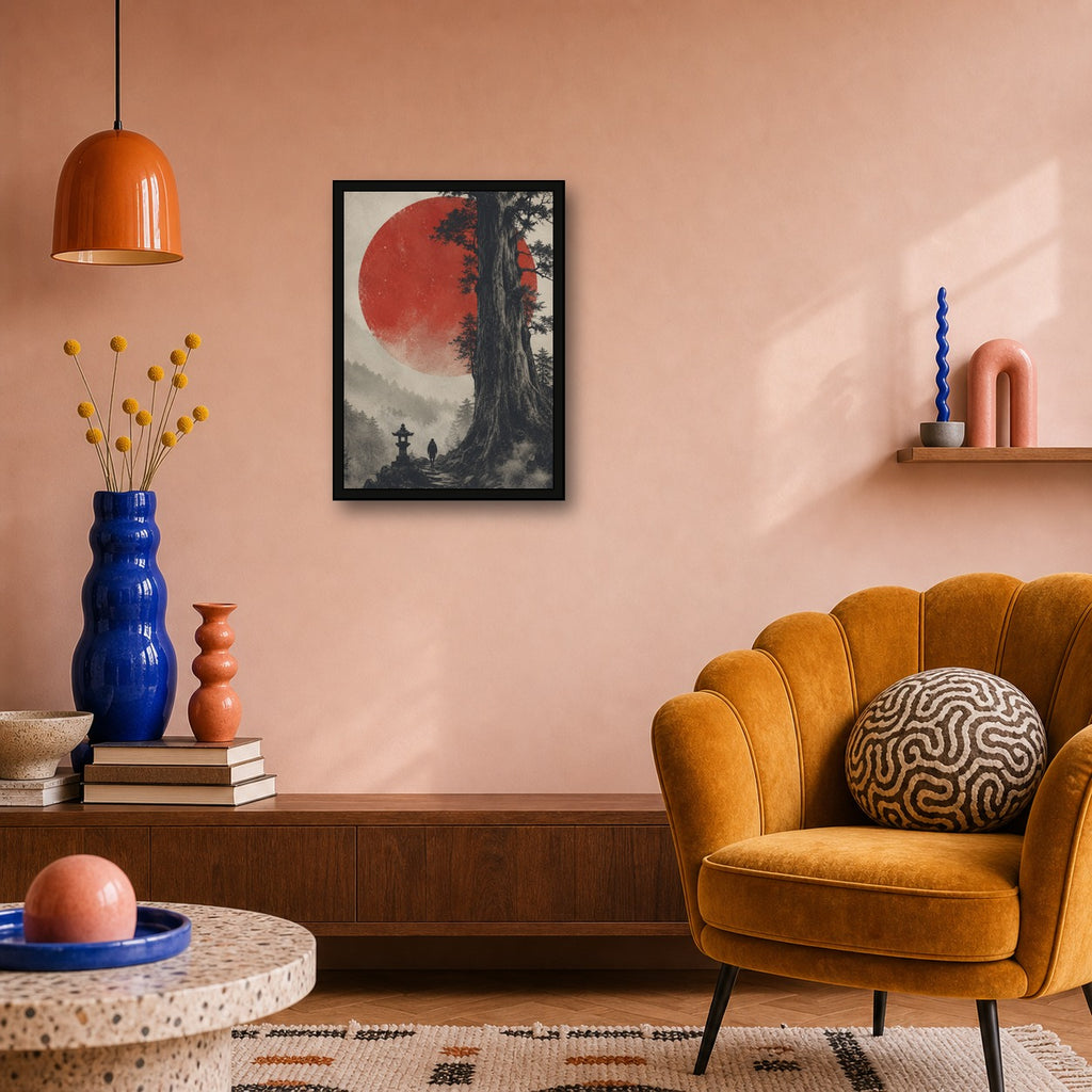Ancient Cedar Red Sun Poster, Japanese Landscape Wall Art, Travel Print - A room mockup