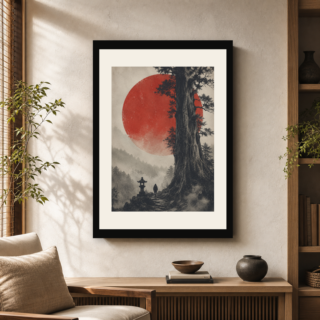 Ancient Cedar Red Sun Poster, Japanese Landscape Wall Art, Travel Print in an artwork-specific room mockup
