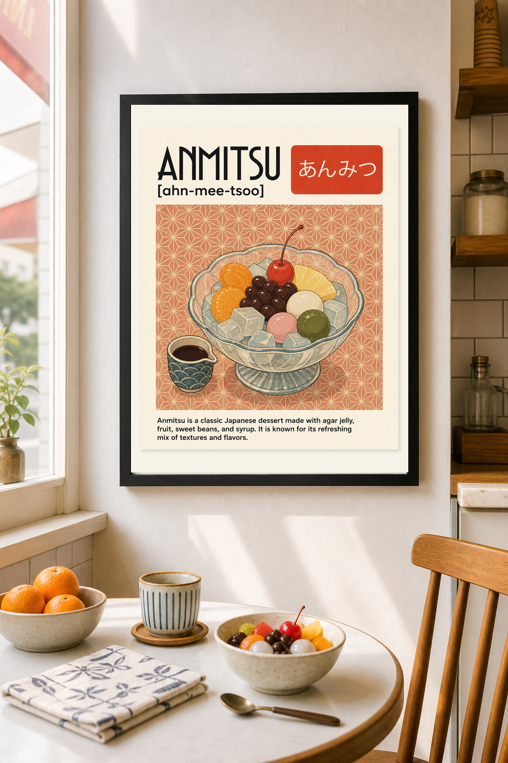 Anmitsu Japanese Dessert Poster, Japanese Kitchen Wall Art, Matte Print in an artwork-specific room mockup