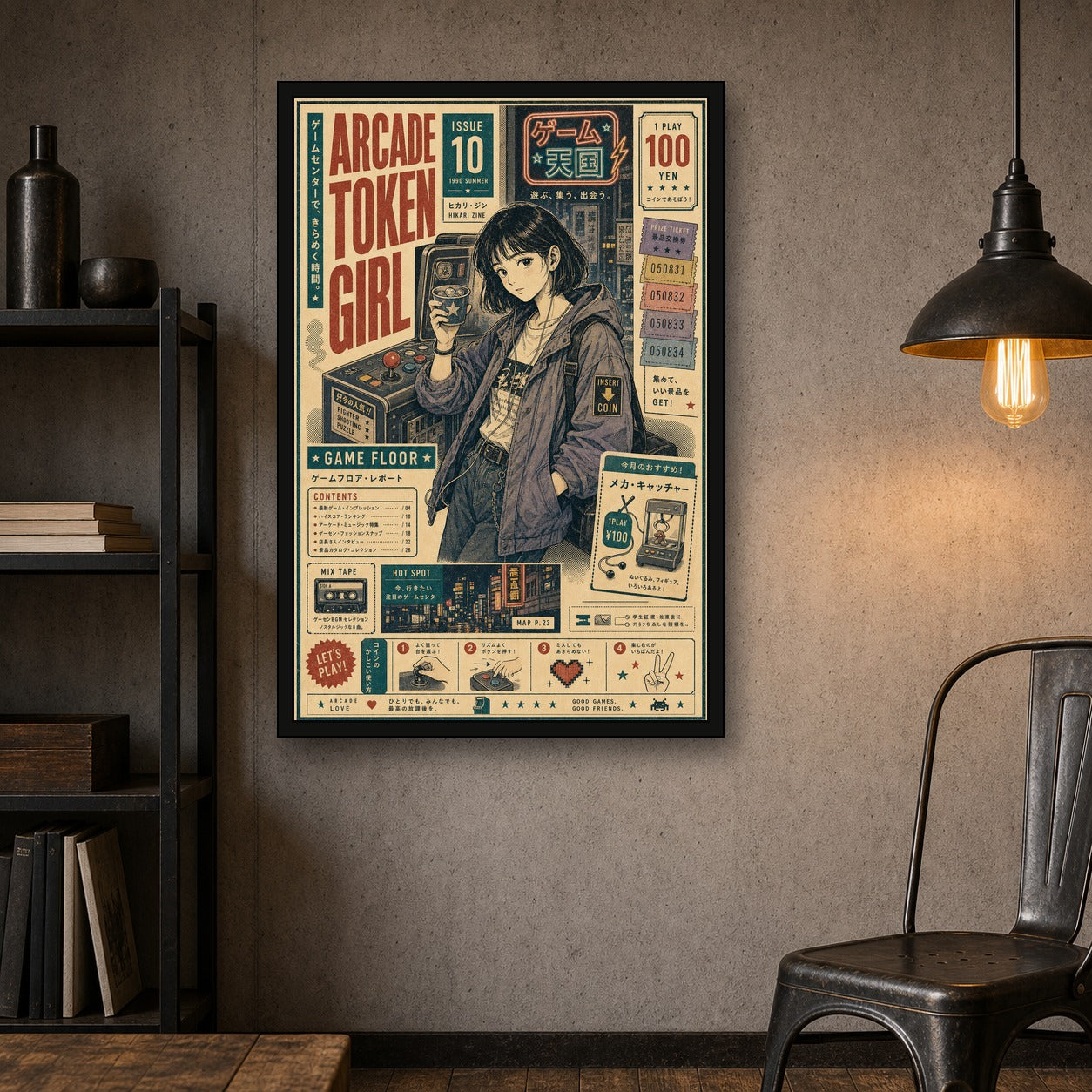 Arcade Token Girl Japanese Retro Poster - 2x3 room mockup