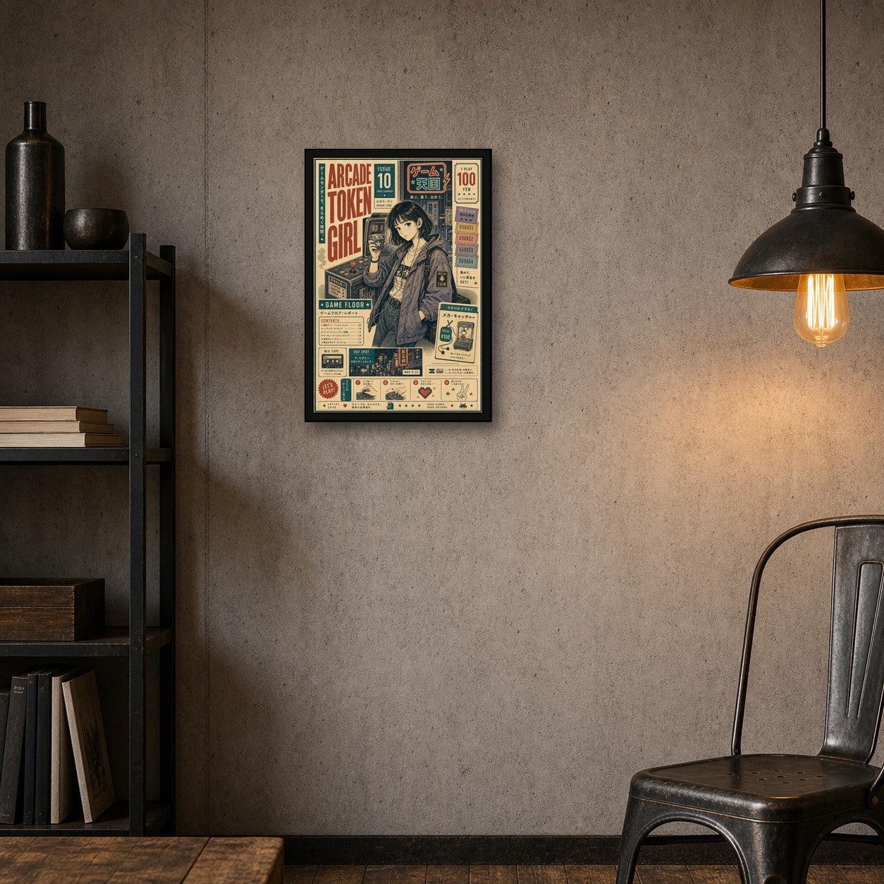 Arcade Token Girl Japanese Retro Poster - 2x3 room mockup