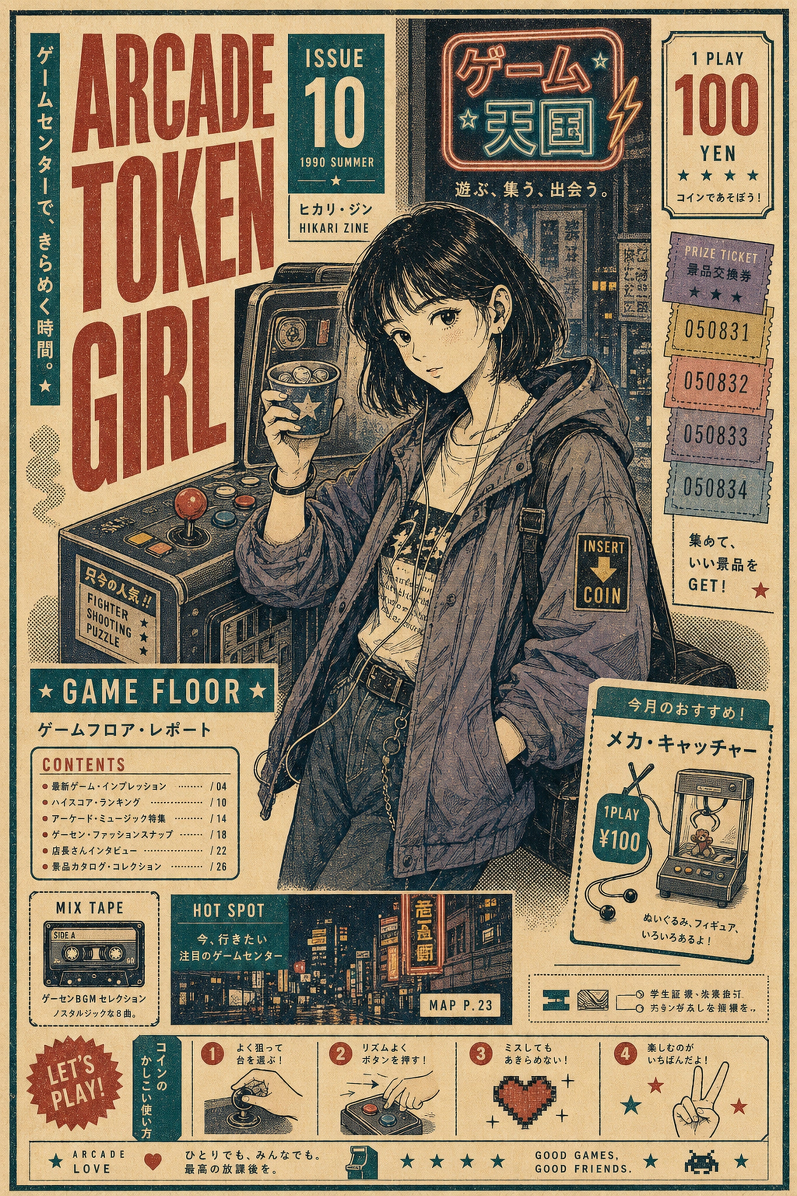 Arcade Token Girl Japanese Retro Poster