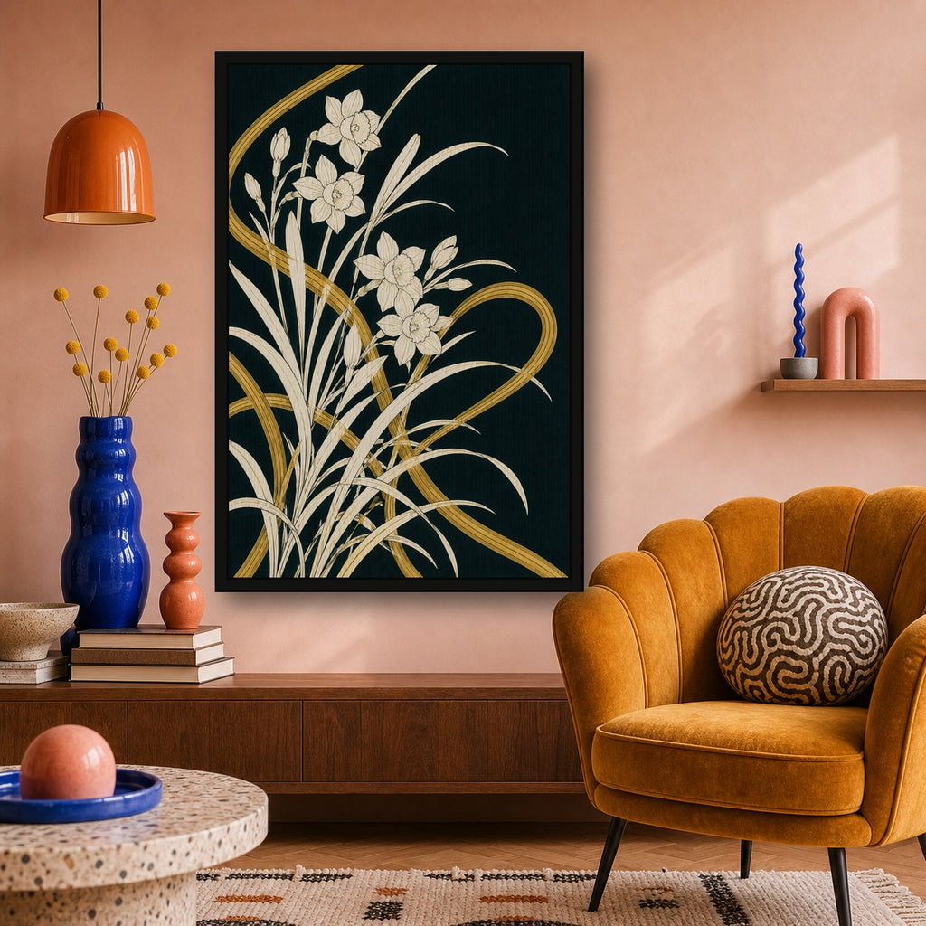 Art Nouveau Daffodil Poster, Elegant Floral Wall Art, Botanical Japan Print in Various Sizes - 2x3 room mockup