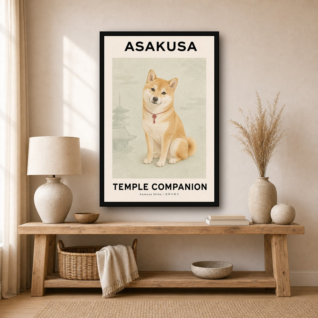Asakusa Temple Companion Shiba Inu Poster - Japanese Wall Art, Adorable Dog Travel Print - 2x3 room mockup