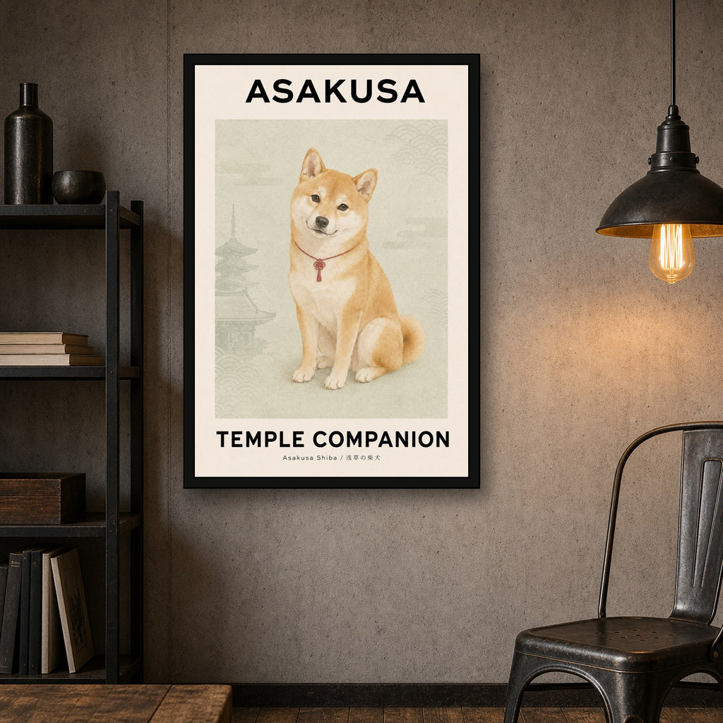 Asakusa Temple Companion Shiba Inu Poster - Japanese Wall Art, Adorable Dog Travel Print - 2x3 room mockup