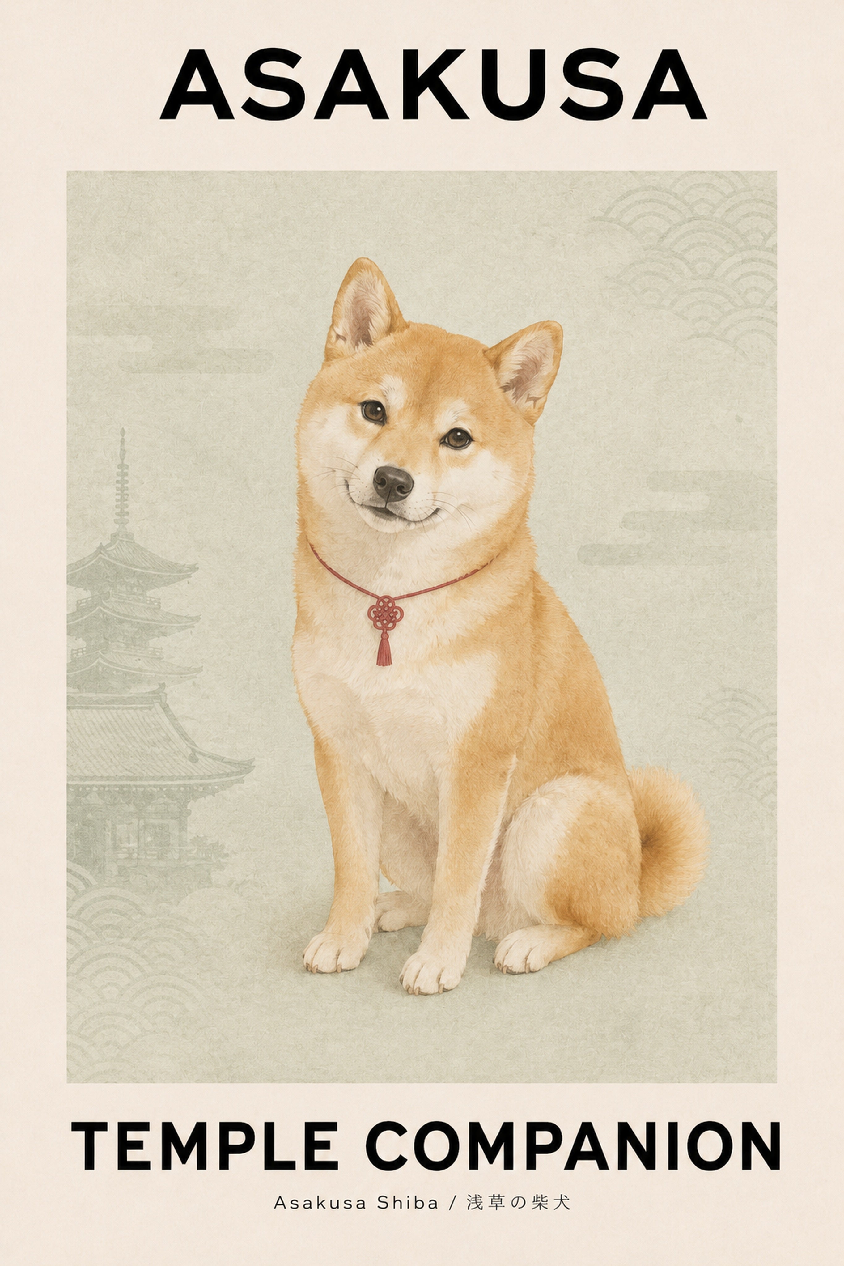 Asakusa Temple Companion Shiba Inu Poster - Japanese Wall Art, Adorable Dog Travel Print