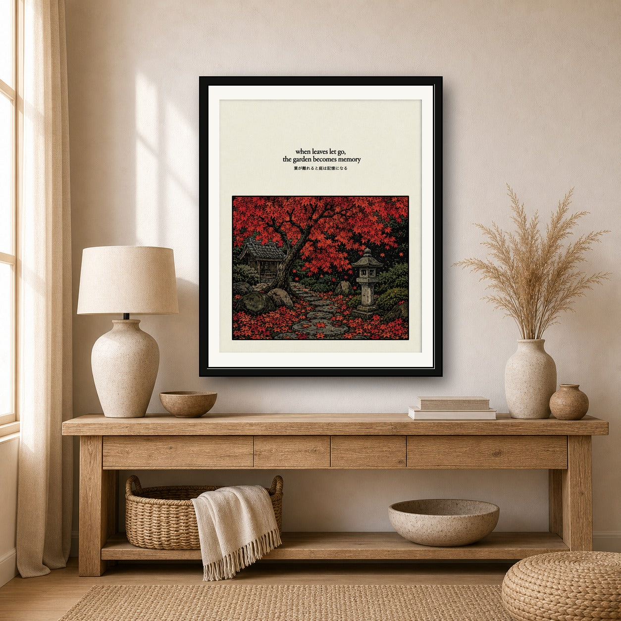 Autumn Japanese Garden Art Print: Serene Maple Tree & Shrine Poster for Zen Decor, in Your Choice of Six Sizes - corrected 4x5 room mockup