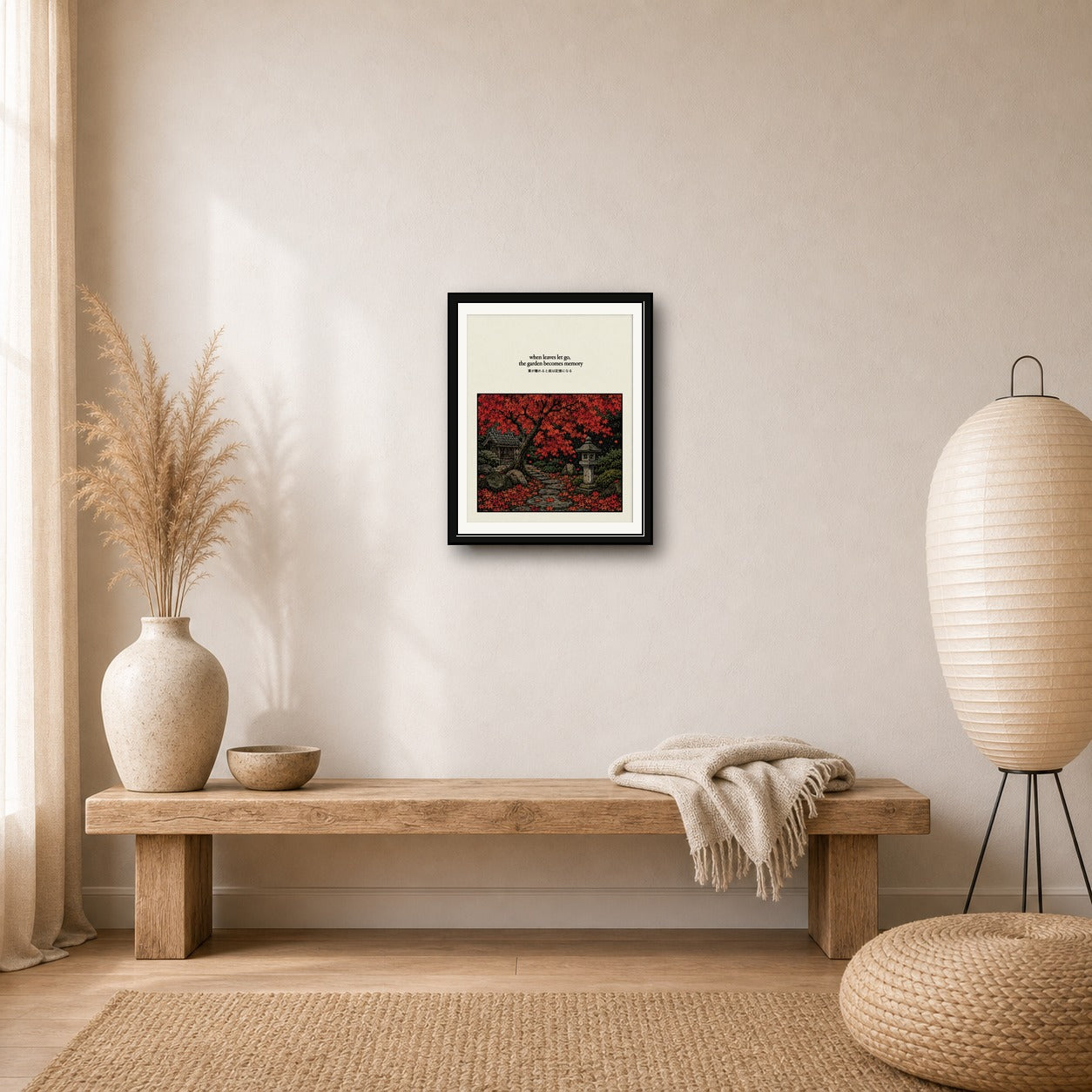 Autumn Japanese Garden Art Print: Serene Maple Tree & Shrine Poster for Zen Decor, in Your Choice of Six Sizes - corrected 4x5 room mockup