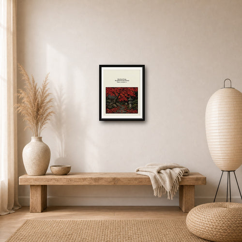 Autumn Japanese Garden Art Print: Serene Maple Tree & Shrine Poster for Zen Decor, in Your Choice of Six Sizes - corrected 4x5 room mockup
