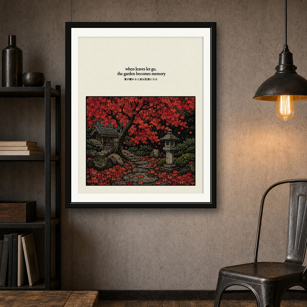 Autumn Japanese Garden Art Print: Serene Maple Tree & Shrine Poster for Zen Decor, in Your Choice of Six Sizes - corrected 4x5 room mockup