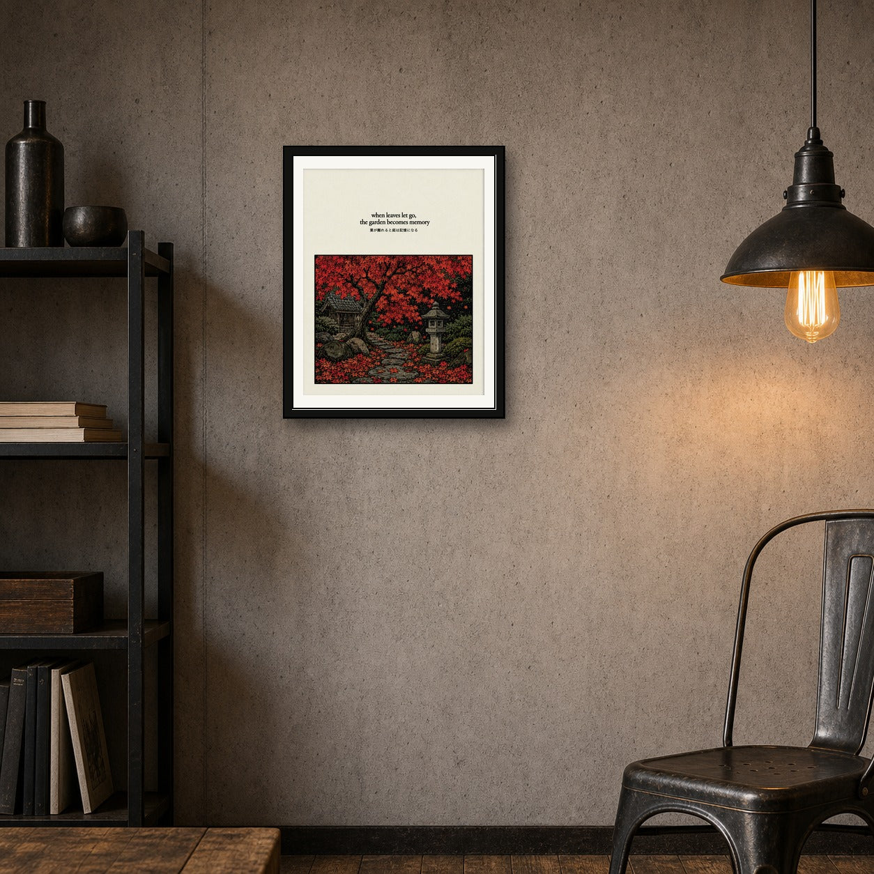 Autumn Japanese Garden Art Print: Serene Maple Tree & Shrine Poster for Zen Decor, in Your Choice of Six Sizes - corrected 4x5 room mockup