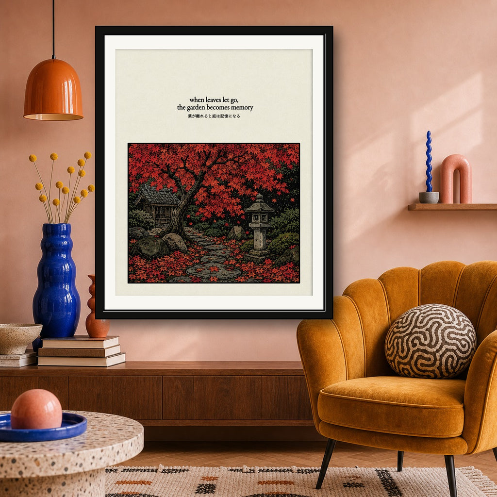 Autumn Japanese Garden Art Print: Serene Maple Tree & Shrine Poster for Zen Decor, in Your Choice of Six Sizes - corrected 4x5 room mockup