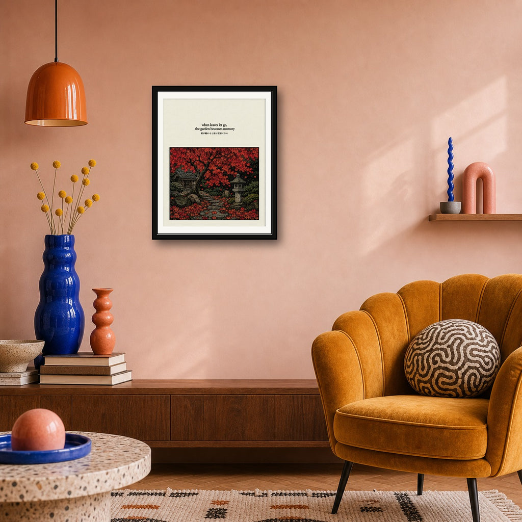 Autumn Japanese Garden Art Print: Serene Maple Tree & Shrine Poster for Zen Decor, in Your Choice of Six Sizes - corrected 4x5 room mockup