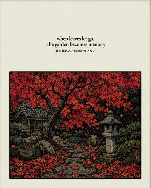 Autumn Japanese Garden Art Print: Serene Maple Tree & Shrine Poster for Zen Decor, in Your Choice of Six Sizes - corrected 4x5 flat artwork