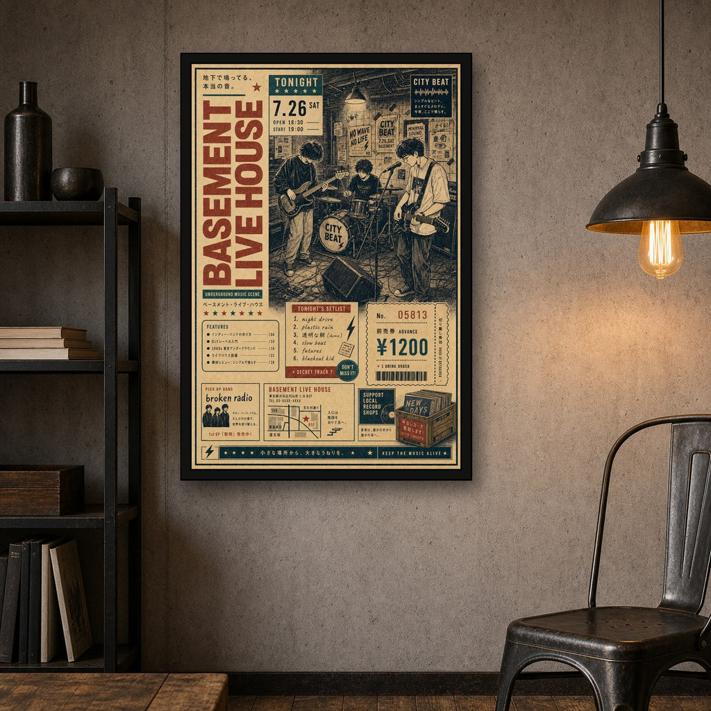 Basement Live House Japanese Retro Poster - 2x3 room mockup