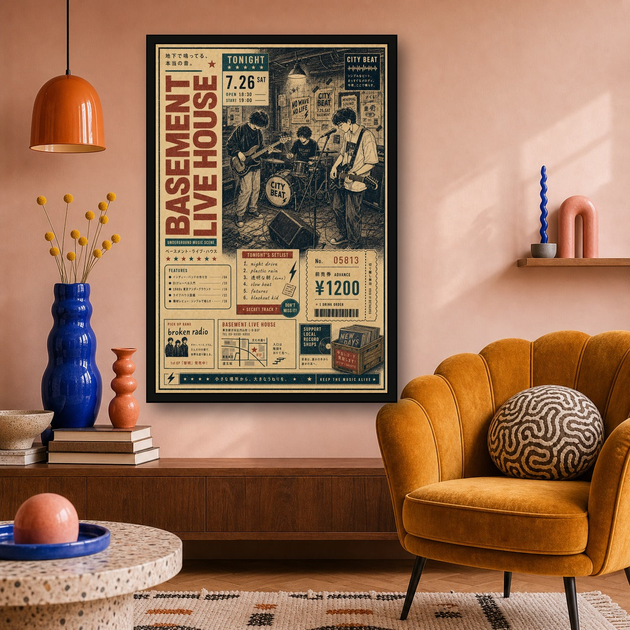 Basement Live House Japanese Retro Poster - 2x3 room mockup