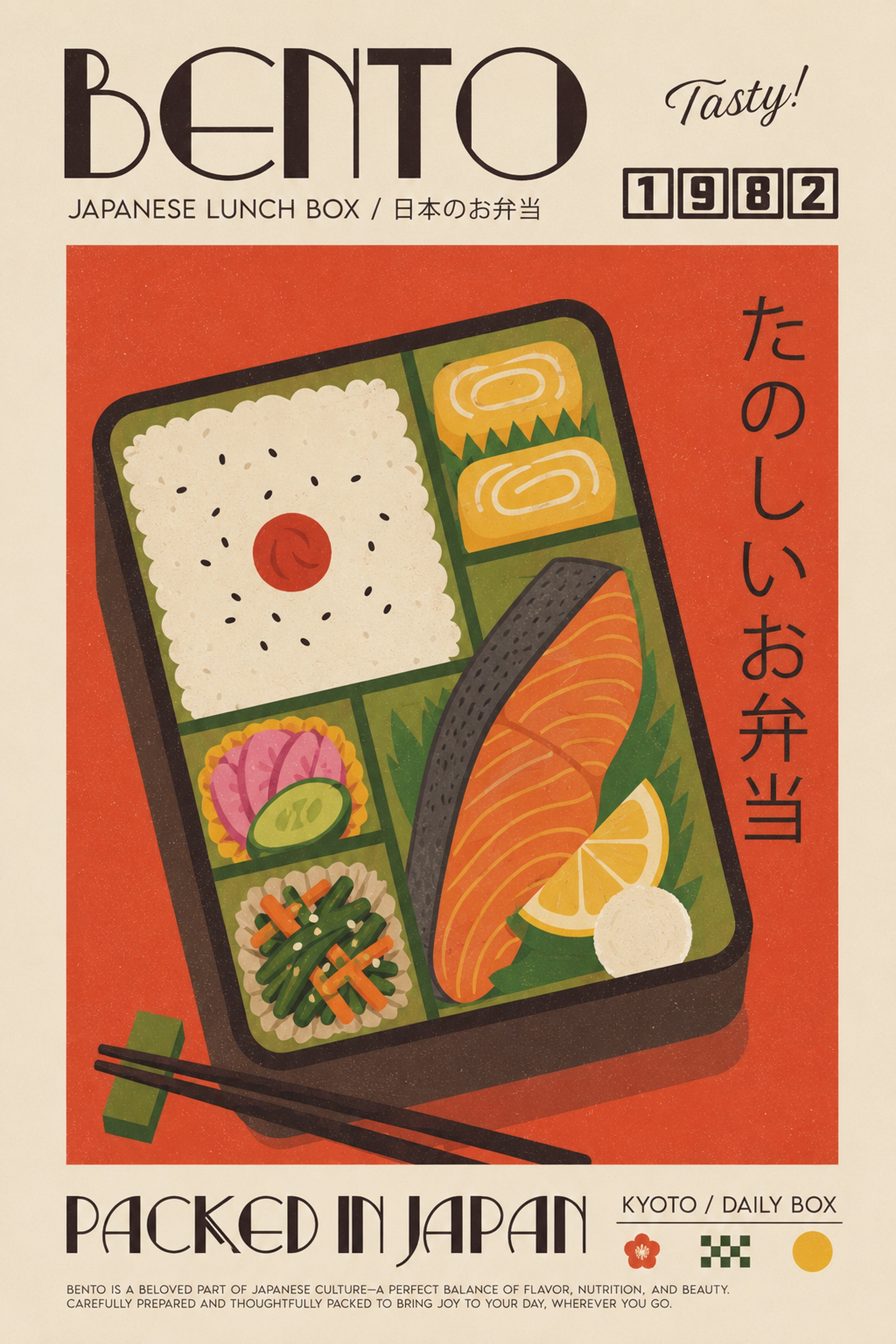 Bento Box Japanese Poster, Retro Kitchen Wall Art, Vintage Food Print in Multiple Sizes