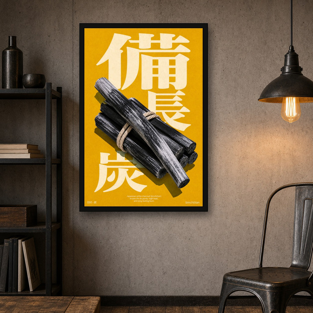Binchōtan Charcoal Art Print, Modern Japanese Poster, Minimalist Zen Wall Decor in Vibrant Yellow - 2x3 room mockup