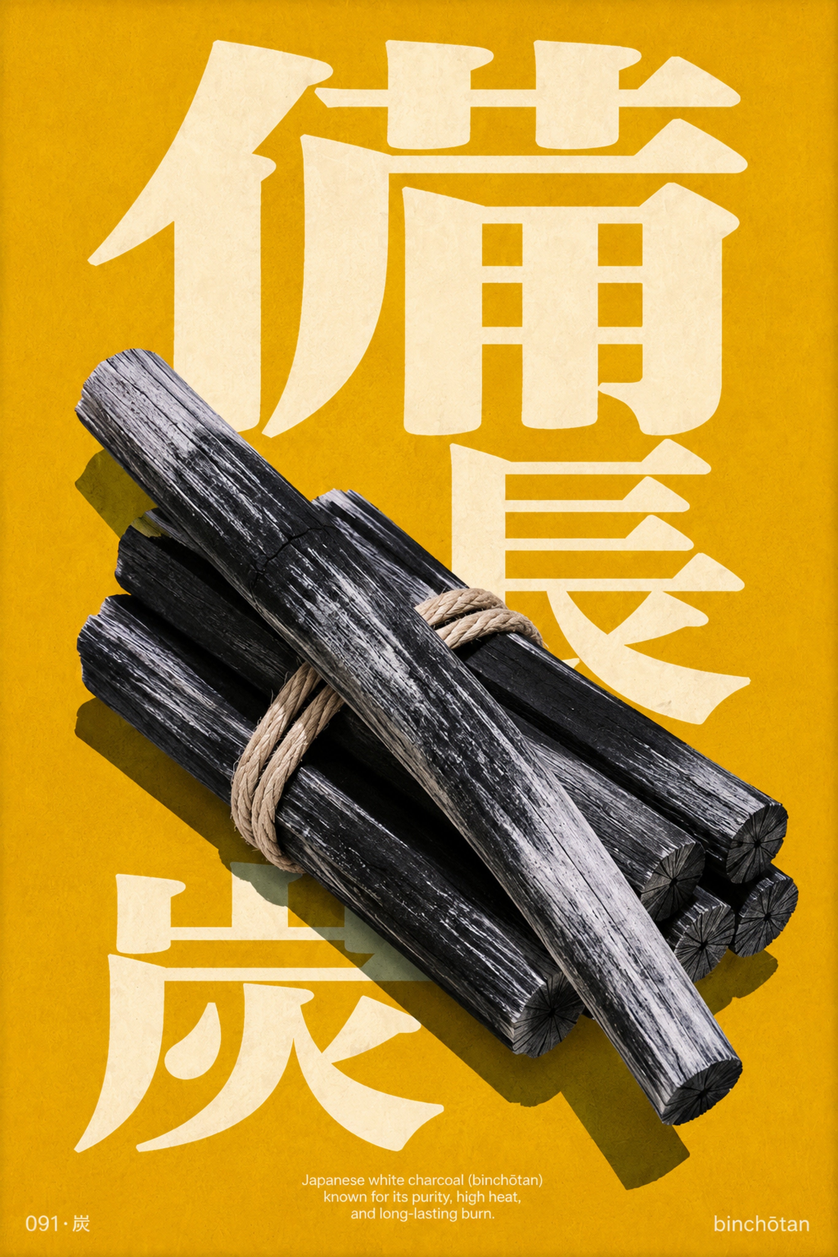 Binchōtan Charcoal Art Print, Modern Japanese Poster, Minimalist Zen Wall Decor in Vibrant Yellow