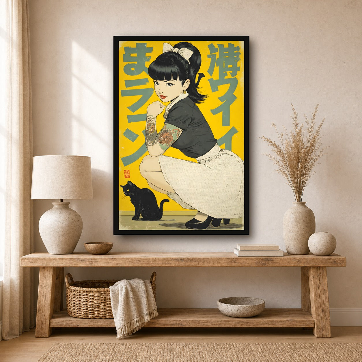 Black Cat Girl Poster, Japanese Inspired Wall Art, Cat Lover Print - 2x3 room mockup