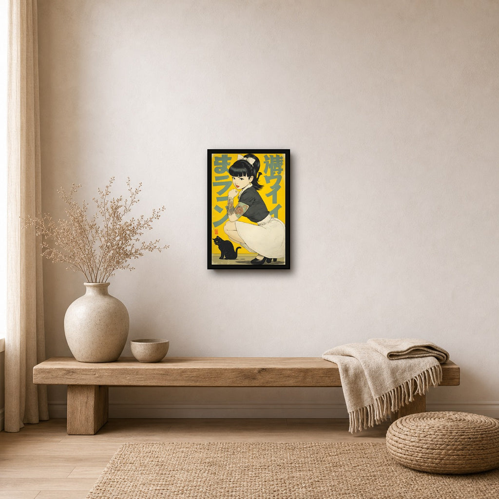 Black Cat Girl Poster, Japanese Inspired Wall Art, Cat Lover Print - 2x3 room mockup